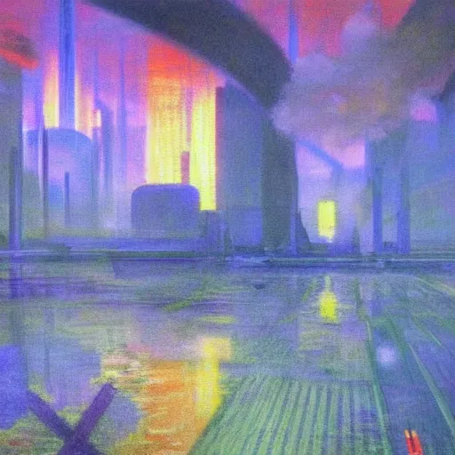 Prompt: psychic warfare, technopunk, cyberpunk, vaporwave, painting by monet