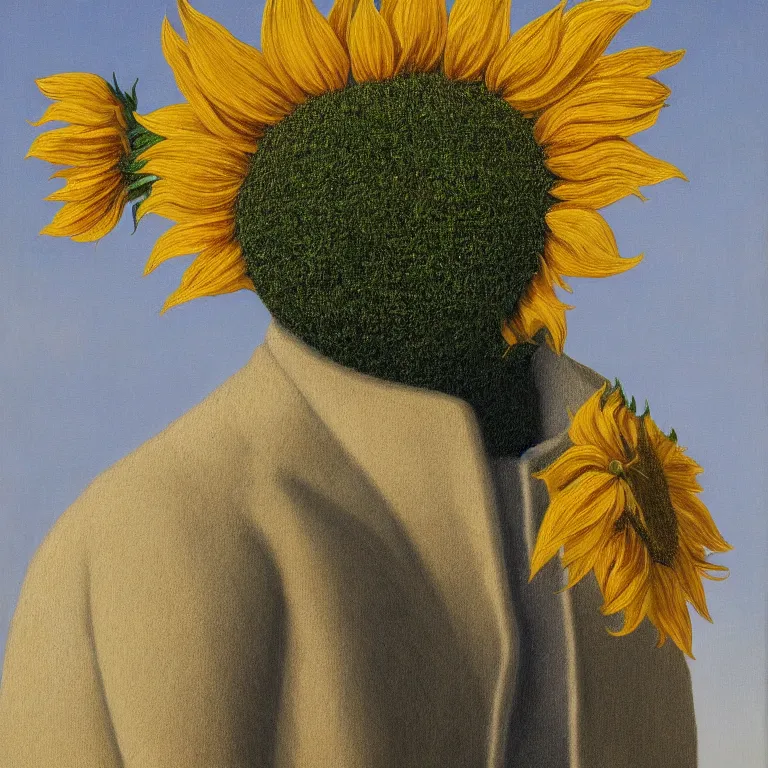 Image similar to portrait of a faceless sunflower - head man by rene magritte, detailed painting, distance, centered, hd, hq, high resolution, high detail, 4 k, 8 k