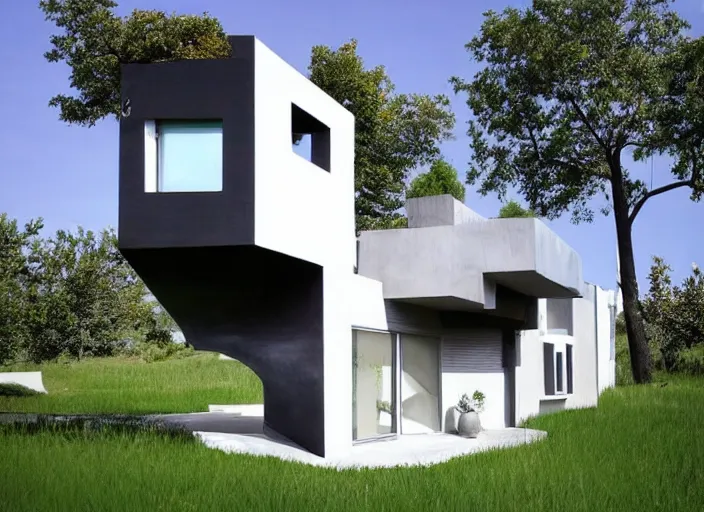 Image similar to a surrealist house design that makes no sense, peaceful suburban scene