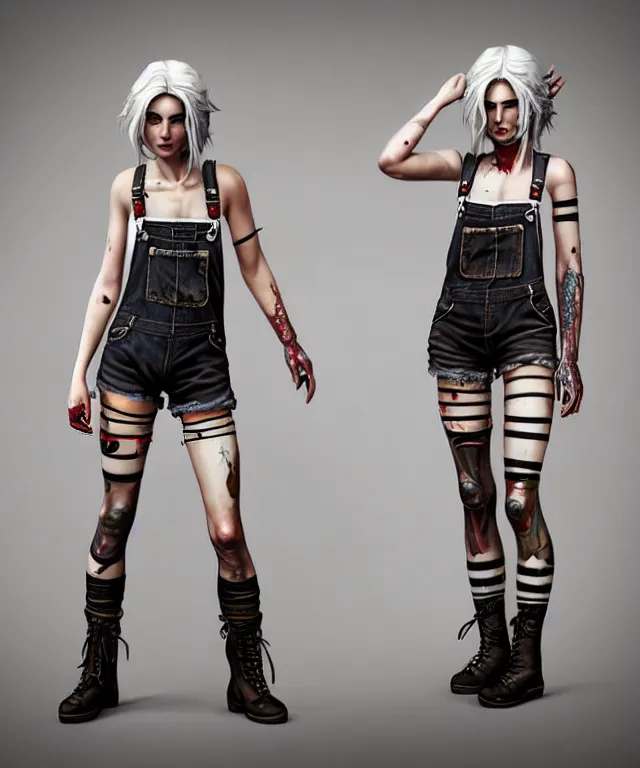 Image similar to full body pose, grungy ciri, torn overalls, short shorts, combat boots, fishnets, beautiful, highly detailed face, true anatomy!, extremely detailed!, digital painting, unreal engine 5, art by tom bagshaw