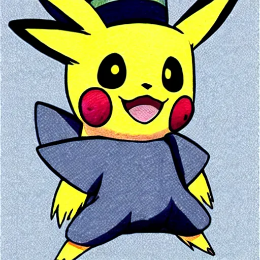 Image similar to Pichu Pokemon anime wearing a straw hat by Ken Sugimori, ink on paper, show-accurate