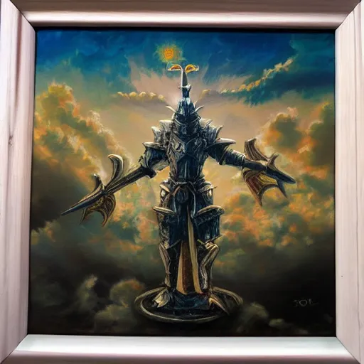 Prompt: holy dice in the clouds, fantasy armor praying to the dice, oil painting