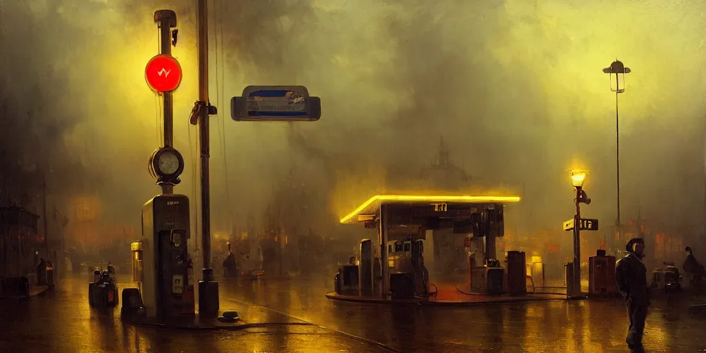 Image similar to a gas station in 1 9 4 0 with yellow and red light in the middle of the night, a men stand up next to the pump, mystical blue fog, oil on canvas, art by andreas achenbach, clemens ascher, tom bagshaw and sabbas apterus,