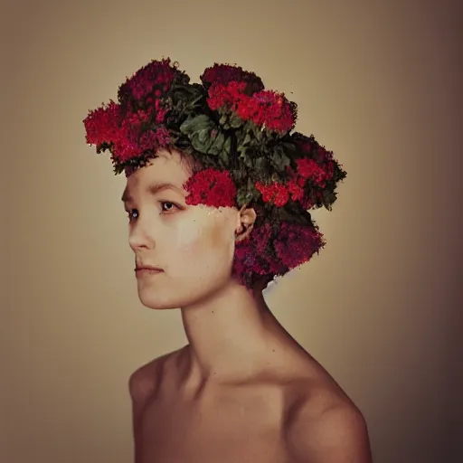 Image similar to a flower / human hybrid, studio medium format color photo