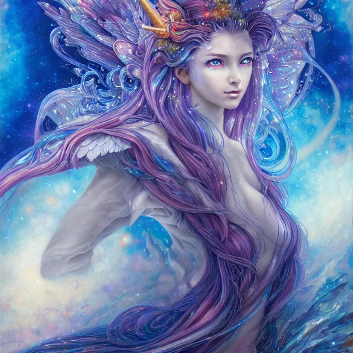 Image similar to ultra detailed illustration of a unicorn anime girl covered in liquid chrome, lost in a dreamy fairy multiverse, by Karol Bak, Johfra Bosschart, Andrew Thomas Huang, dan mumford, Druillet colorful, front view, vivid colors, 8k, coherent, artgerm, anime vibes, octane render, uplifting, magical composition, artstation
