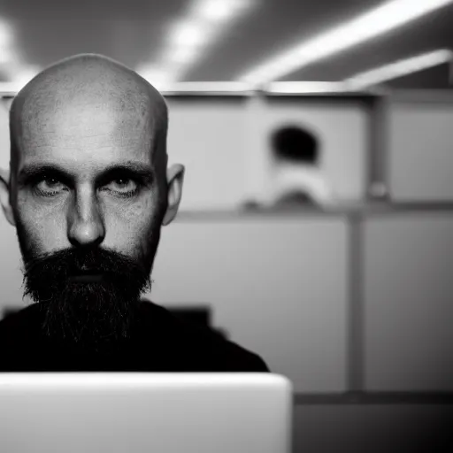 Image similar to dystopian photo of a skinny, bald, middle aged man with a closely cropped beard, skin tattoos, he is sitting at a desk with a pc in a dark room, atmospheric, blackness, glowing screen, crisp detail, medium distance, office cubicles, dramatic lighting, f / 3. 2 3 5 mm photo by paolo pellegrin