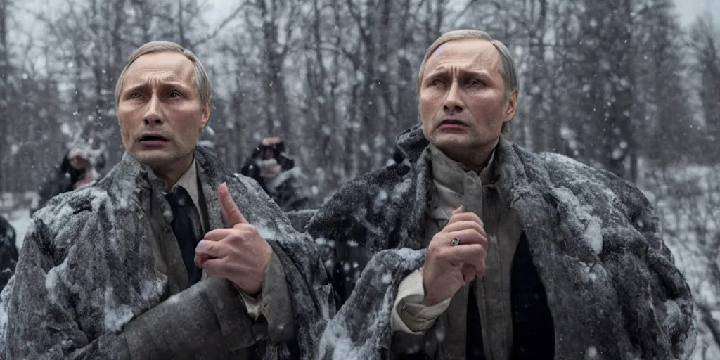 Image similar to Mads Mikkelsen as Vladimir Putin in 'Russia: The Movie' (2021), movie still frame
