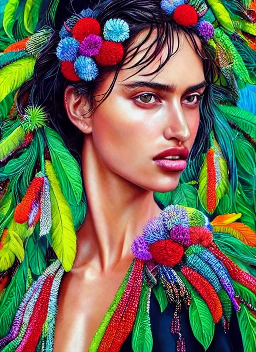 Image similar to beautiful portrait of Irina Shayk wearing fantastic Hand-dyed cotton dress,embellished beaded feather decorative fringe knots ,colorful pigtail,subtropical flowers and plants,symmetrical face,intricate,elegant,highly detailed,8k,digital painting,trending on pinterest,GUCCI,PRADA,harper's bazaar,concept art, sharp focus,illustration,by artgerm,Tom Bagshaw,Lawrence Alma-Tadema,greg rutkowski,Alphonse Mucha