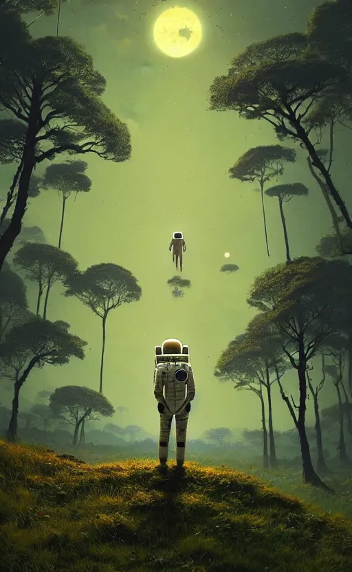 Image similar to A astronaut gazing upon an amazing alien landscape with lush vegetation, digital art, breathtaking, golden ratio, extremely detailed, hyper-detailed, establishing shot, hyperrealistic, cinematic lighting, particles, unreal engine, simon stålenhag, rendered by Beeple, Makoto Shinkai, syd meade, simon stålenhag, Ruan Jia, Kentaro Miura, environment concept, artstation, octane render, 8K UHD image