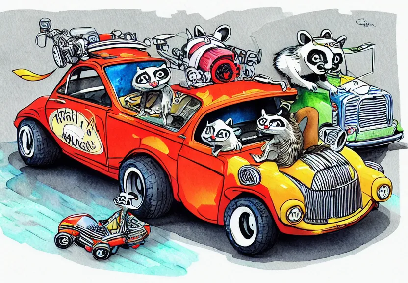 Image similar to cute and funny, racoon riding in a tiny hot rod coupe with oversized engine, ratfink style by ed roth, centered award winning watercolor pen illustration, isometric illustration by chihiro iwasaki, edited by range murata