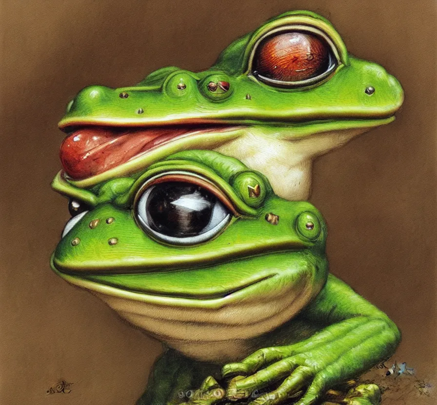 Image similar to pepe the frog in business suet, by jean baptiste monge, acrilic paint