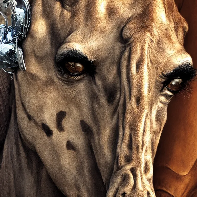 Image similar to extreme close - up portrait octane render by wayne barlow and carlo crivelli and glenn fabry, a giant tall giraffe wearing a silver helmet, inside an african savannah, very short depth of field, bokeh