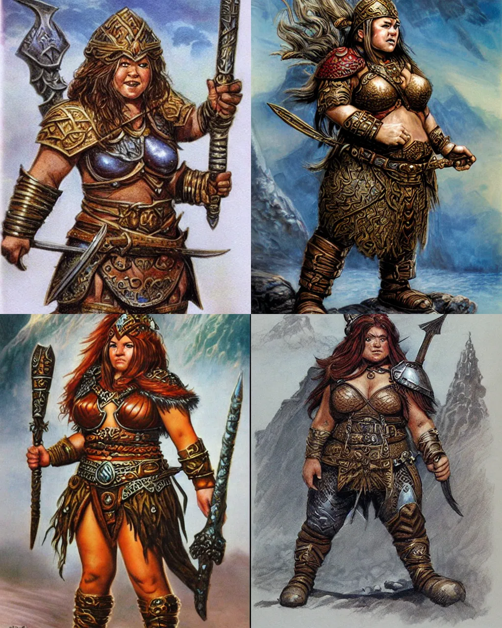 Prompt: female dwarven warrior, fat short stature, elaborate hair, by jeff easley