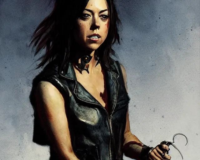 Prompt: aubrey plaza, black leather vest, sharpening knives halloween night, by greg rutkowski and frank frazetta, intricate, artstation, cinematic, style of magic : the gathering