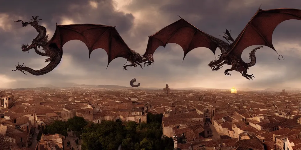 Image similar to the monumental city of caceres with a dragon flying over it, dramatic lighting, cinematic, extremly high detail, photorealistic, cinematic lighting, post processed, concept art, artstation, matte painting, style by greg rutkowsky