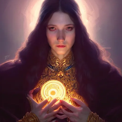 Image similar to Portrait of female sorcerer, dark fantasy, medium shot, intricate, ornate, elegant, highly detailed, digital painting, volumetric light,, artstation, concept art, smooth, sharp focus, illustration, art by artgerm and brom and greg rutkowski and alphonse mucha