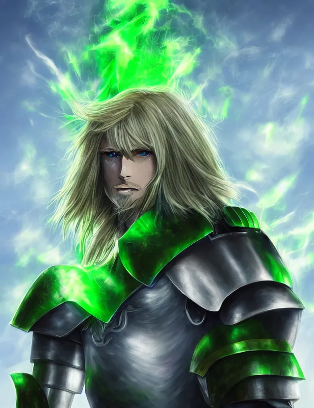 Prompt: an excellent upper body anime portrait of a long haired blonde man with blue eyes in green plate armour glowing with green energy, trending on artstation, digital art, 4 k resolution, detailed, high quality, sharp focus, hq artwork, coherent, insane detail