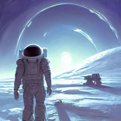 Image similar to an epic painting of a futuristic astronaut walking along an airless icy planet in the endless night of space, unreal 5, DAZ, very very detailed, soft focus, brilliant, 4k, 8k, HD, trending on artstation, art by Rick Guidice painting by Robert McCall by John Harris,