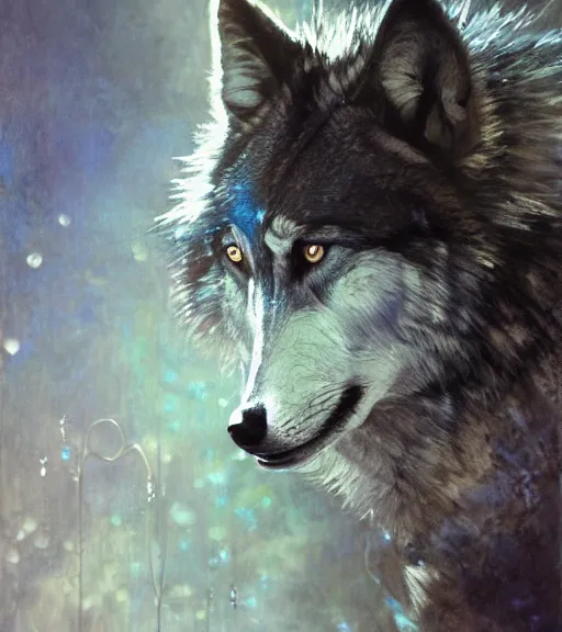 Image similar to wolf hyperrealistic portrait, surrounded by silver wires, dripping moonstone and white nightshade flowers, moonlit, cool toned, by jeremy mann and alphonse mucha, fantasy art, photo realistic, dynamic lighting, artstation, poster, volumetric lighting, dramatic light, very detailed faces, 8 k, award winning