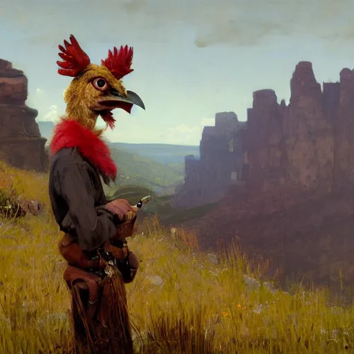 Image similar to wild west portrait of furry anthro anthropomorphic chicken head animal person fursona wearing clothes in the valley, sunny day, digital art by Nerdrum John, William Waterhouse, Winslow Homer, Alex Heywood, Jordan Grimmer, Darren Quach, Greg Rutkowski, Simon Stalenhag, trending on Artstation, CGSociety