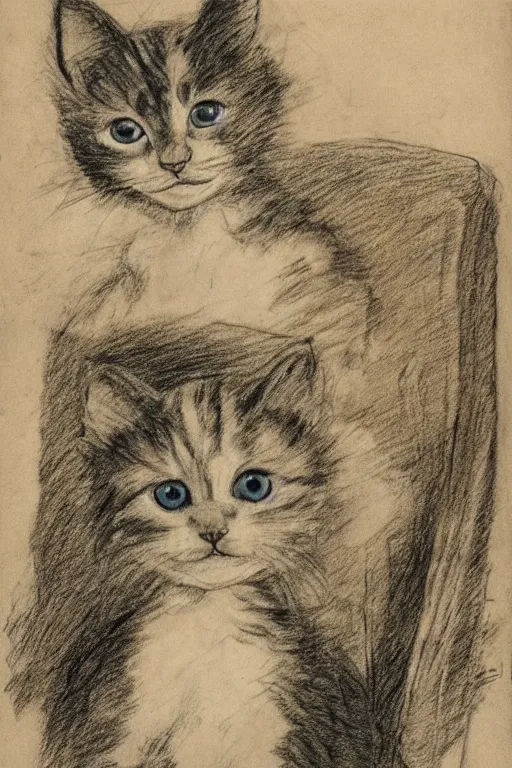 Image similar to 8K UHD cute kitten with floppy ears, drawing by Henry de Toulouse Lautrec, very detailed, matte, tone mapped