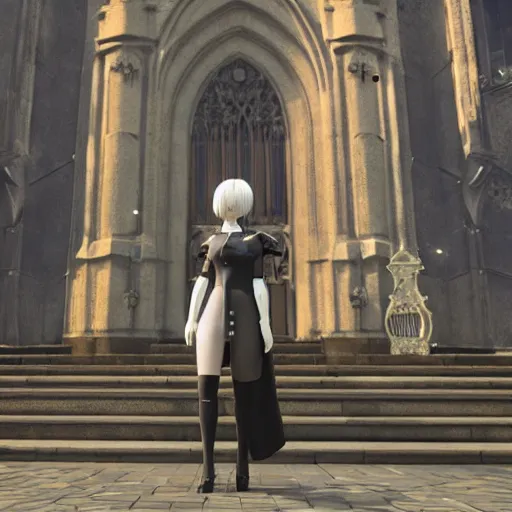 Image similar to 2 b nier automata standing in front of a church, 3 d render, unreal engine, octane render, ray tracing, unity, highly detailed, high quality, hd, 4 k, 8 k, realistic, sharp, trending