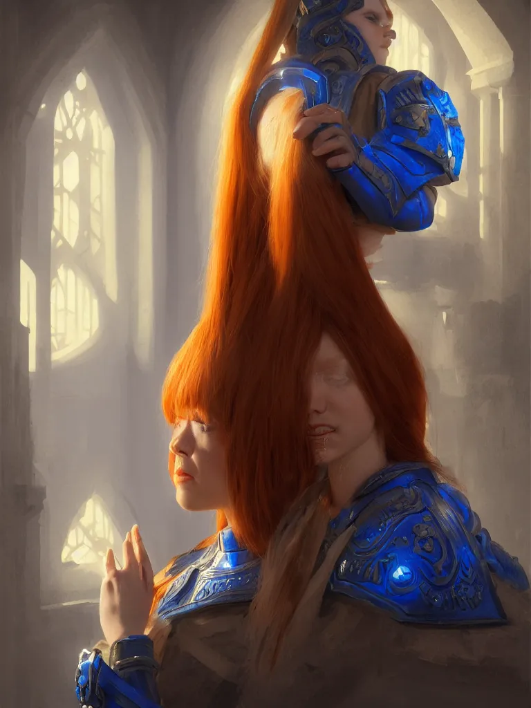 Image similar to daily life portrait of a ginger maiden inside a castle, god ray, gloomy, strong subsurface scattering, cobalt blue, symmetrical, highly detailed, digital painting, artstation, art by artgerm and greg rutkowski, concept art, smooth, sharp focus, illustration, cinematic lighting, 8 k resolution