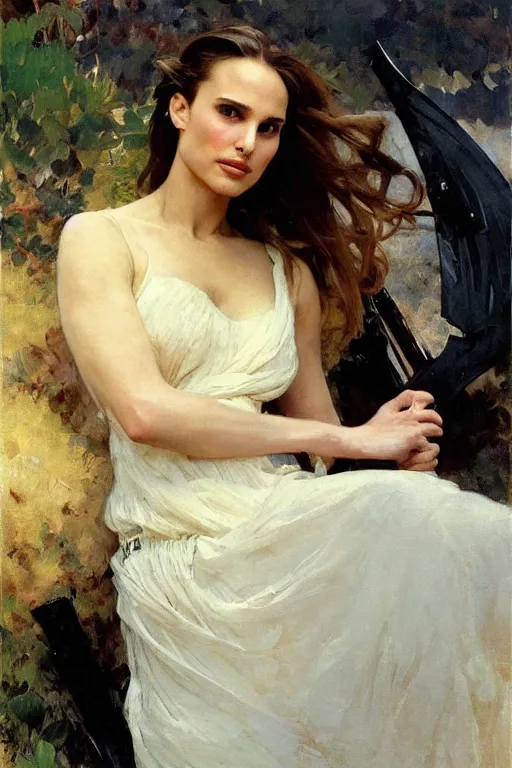 Prompt: elegant romantic portrait photo of natalie portman as jeremy renner as hawkeye by greg manchess, mucha, william adolphe bouguereau, john singer sargent, sorolla, winslow homer, dean cornwell, james gurney, kilin eng, ilya repin, armor