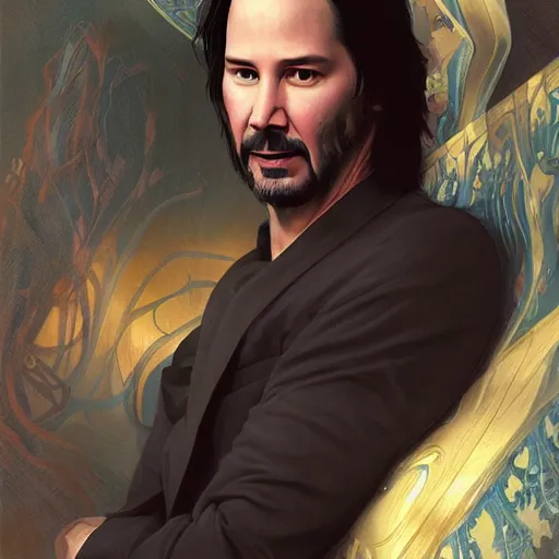 Image similar to portrait of keanu reeves, fantasy, intricate, elegant, highly detailed, digital painting, artstation, concept art, smooth, sharp focus, illustration, art by artgerm and greg rutkowski and alphonse mucha