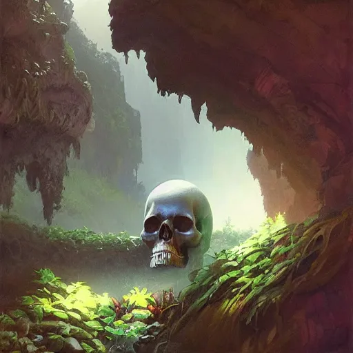 Prompt: Skull made out of quartz in a lush cave, nostalgic, calming, aesthetic, volumetric fog, godrays, high contrast, high contrast, high contrast, vibrant colors, vivid colors, high saturation, by Greg Rutkowski and Jesper Ejsing and Raymond Swanland and alena aenami, featured on artstation, wide angle