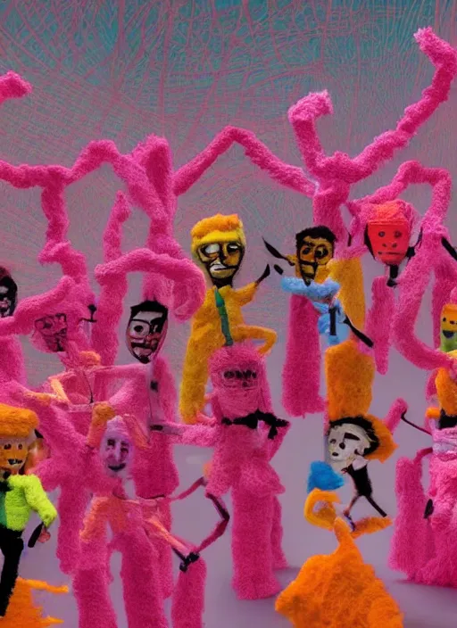 Image similar to group of giant sakura-colored people dancing made out of fluffy pipecleaners in the style of Jean-Michel Basquiat, 3D cinematic lighting, spotlight at a 90 DEGREE ANGLE, photorealism, octane render, depth of field, 8k, 35mm, artgem, Trending on artstation