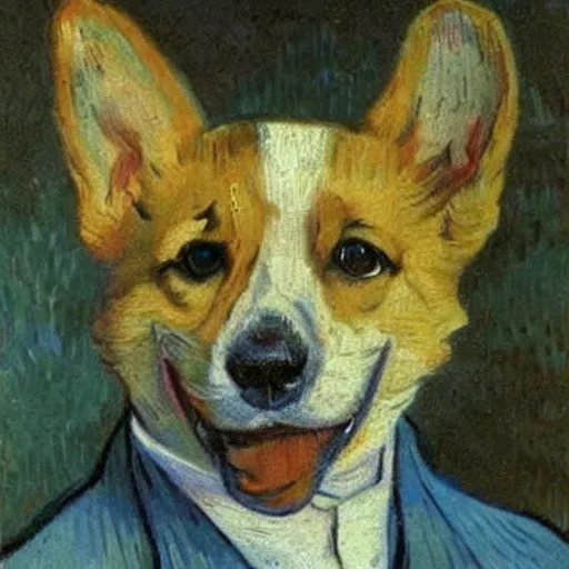 Prompt: oil portrait painting by van gogh of a corgi, full face.