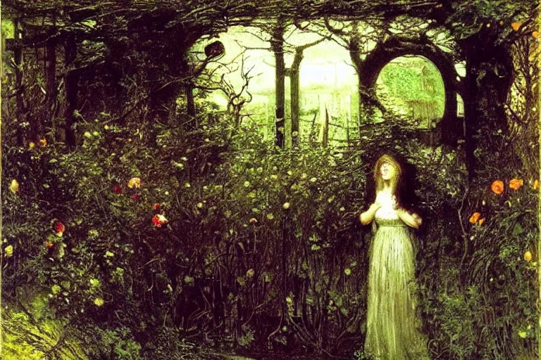 Image similar to secret garden, lush, floral, botanical, romanticism, dark, moody, john everett millais