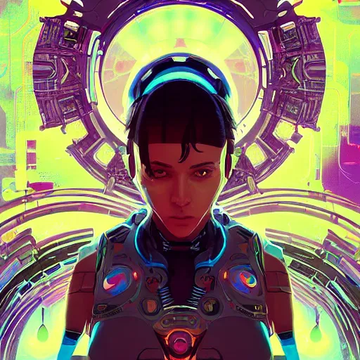 Image similar to symmetry, abstract futuristic robotic, psychedelic background, apex legends, epic lighting, illustration black outlining, ultra detailed, art by artgerm and greg rutkowski and alphonse mucha