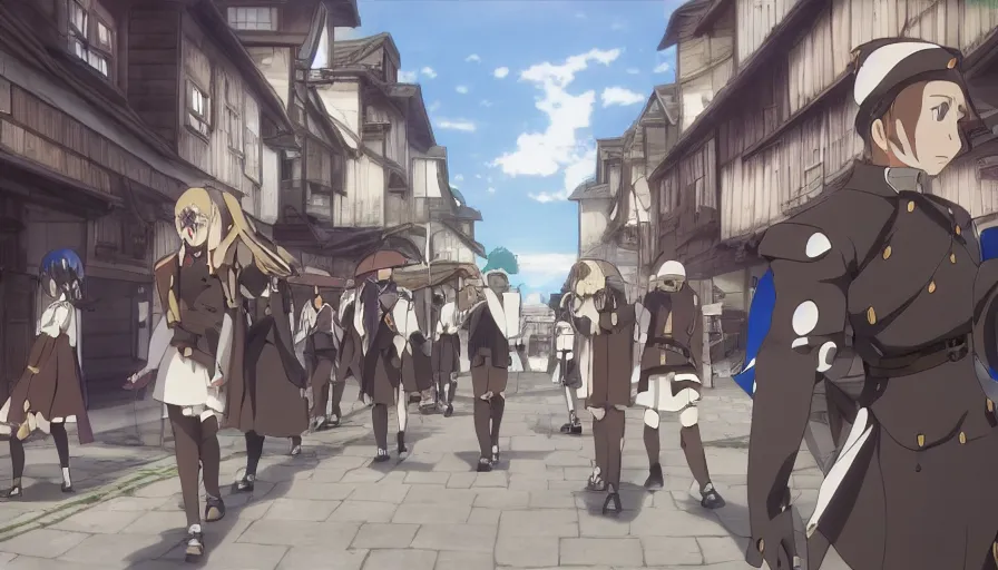 Image similar to Camera focusing on Ais-Wallenstein • walking through the middle of an isekai town street • cinematic anime screenshot by the Studio JC STAFF