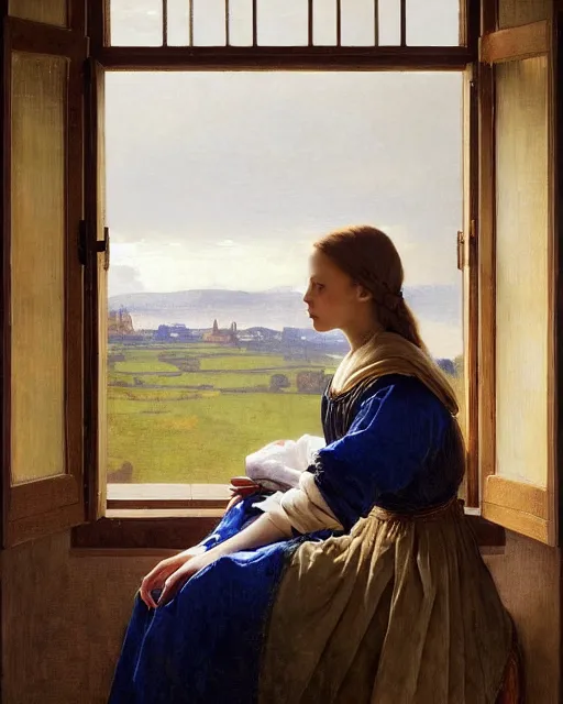 Prompt: a window - lit realistic portrait painting of a thoughtful girl resembling a young, shy, redheaded alicia vikander or millie bobby brown wearing peasant clothes by an open window, highly detailed, intricate, concept art, artstation, by donato giancola, vermeer, and william bouguereau