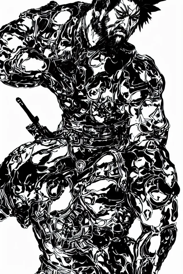 Image similar to a full - body portrait of guan yu, in yoji shinkawa's art style, metal gear solid art style, chinese caligraphy, highly detailed, 4 k, artistic, white background, b & w