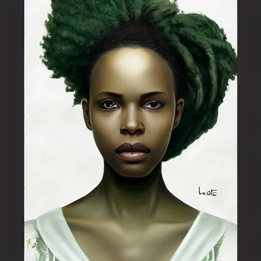 Image similar to a detailed matte oil on canvas head on symmetrical portrait of black skinned woman with long white and ( ( ( pale greenish ) ) ) hair, clothed by charlie bowater, lise deharme, wlop, trending on artstationhd, dungeons and dragons art critical role