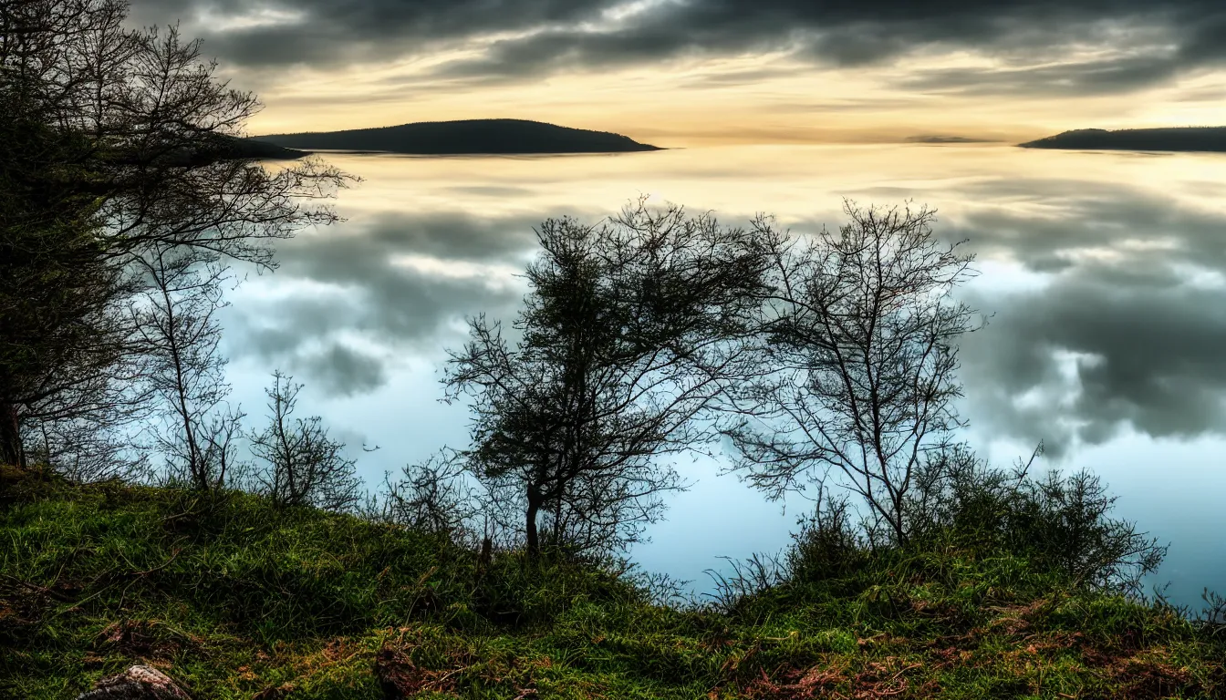 Image similar to calm lakeshore view from hill, cloud reflections, trees, nature, atmospheric, scary, claustrophobic, ambient vibe, very detailed, high resolution, 8 k