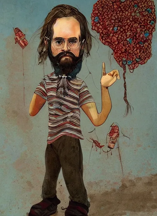Image similar to a fine portrait paitning of an materialistic philosopher dressed in the clothes of a 6 - year - old girl, he has quite a beautiful body and beard, but the clothes and personality are that of a conceited girl who likes to command, conceptual surreal comic weird bizarre horror art