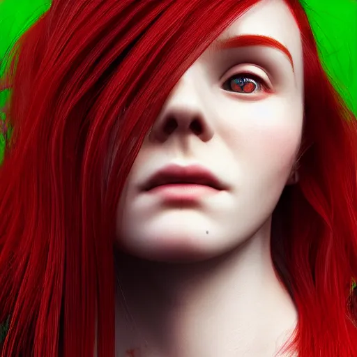 Image similar to girl portrait. red hair, green eyes. intricate artwork. octane render, trending on artstation, very coherent symmetrical artwork. cinematic, hyper realism, high detail, octane render, 8k, matte painting, 3d