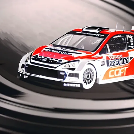 Image similar to wrc car drifting on the surface of a vinyl record, 4 k, highly detailed