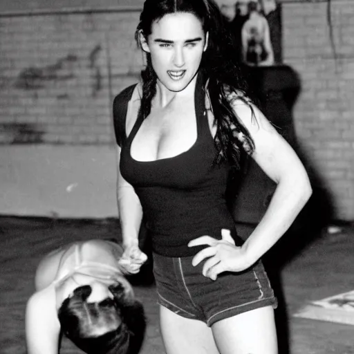 Image similar to young jennifer connelly wrestling a banana