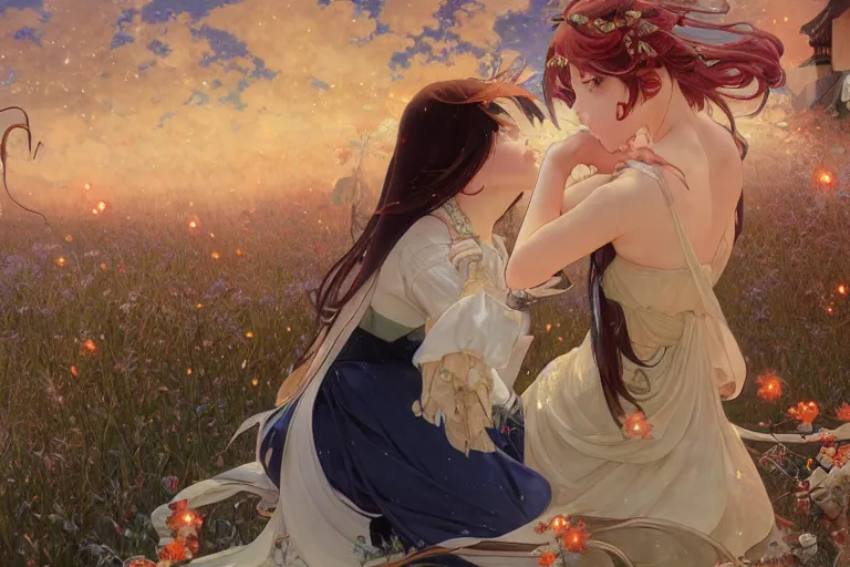 Image similar to two beautiful girls watching fireworks, separated, digital art, painted by range murata, akiyuki shinbou, alphonse mucha, masamune shirow, josan gonzales, greg rutkowski makoto shinkai, highly detailed, realistic, cinematic, trending on pixiv fanbox