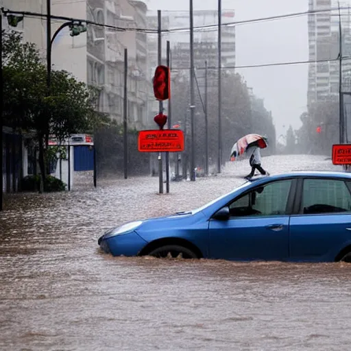 Prompt: city is flooded by heavy rain. A guy is sitting on the top of the A car is middle of the street flooded.