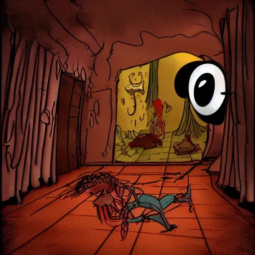 Image similar to real found footage horror disney scene, 2 d animation, 1 9 9 0 s disney, 1 9 8 0 s, creepypasta, handdrawn, trending on artstation, color