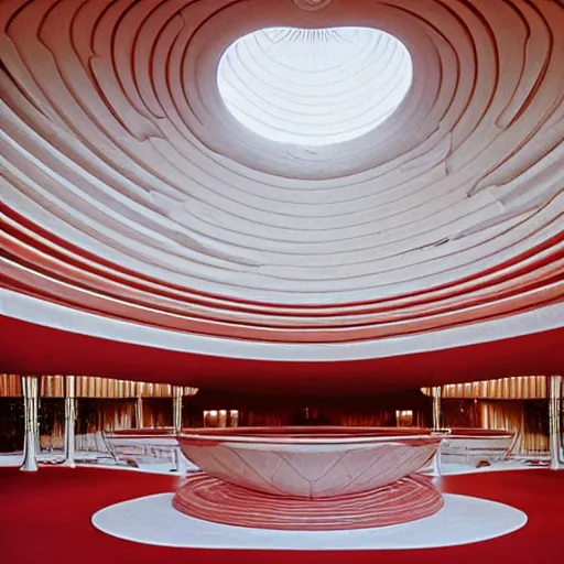 Image similar to interior of a futuristic lotus temple with gold, red and white marble panels, in the desert, by buckminster fuller and syd mead, intricate contemporary architecture, photo journalism, photography, cinematic, national geographic photoshoot