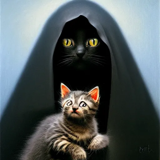 Image similar to a portrait of a kitten wearing a black hood, cloak covering face, anatomically correct, beautiful perfect face, enigmatic, oil painting, matte, black background, Volumetric dynamic lighting, Highly Detailed, Cinematic Lighting, Unreal Engine, 8k, HD, by Beksinski