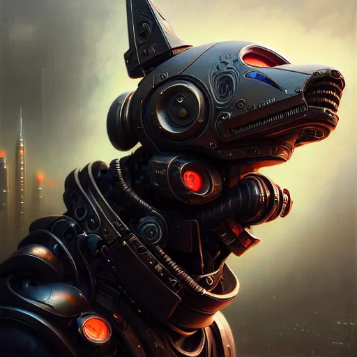 Image similar to low angle portrait shot of a cyberpunk dog robot, intricate, elegant, highly detailed, centered, digital painting, artstation, concept art, smooth, sharp focus, illustration, artgerm, Tomasz Alen Kopera, Peter Mohrbacher, donato giancola, Joseph Christian Leyendecker, WLOP, Boris Vallejo