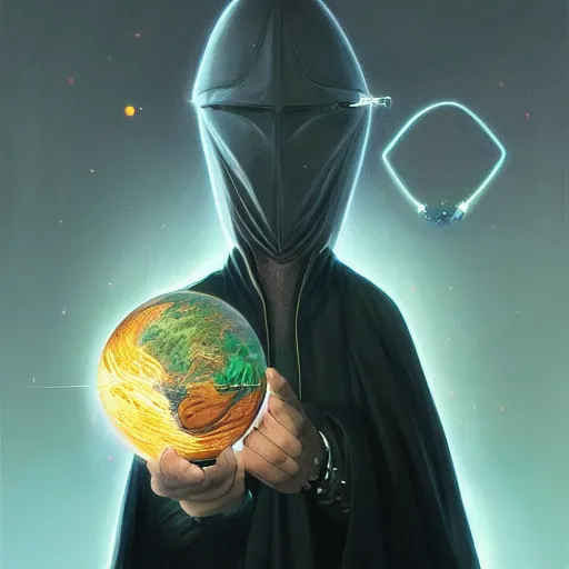 Prompt: masked nomad wearing a cloak on an alien world and holding a holographic planet projection in his hand, detailed, sci - fi, digital painting, artstation, sharp focus, illustration, ominous, artgerm, tomasz alen kopera, peter mohrbacher, donato giancola, joseph christian leyendecker, wlop, frank frazetta